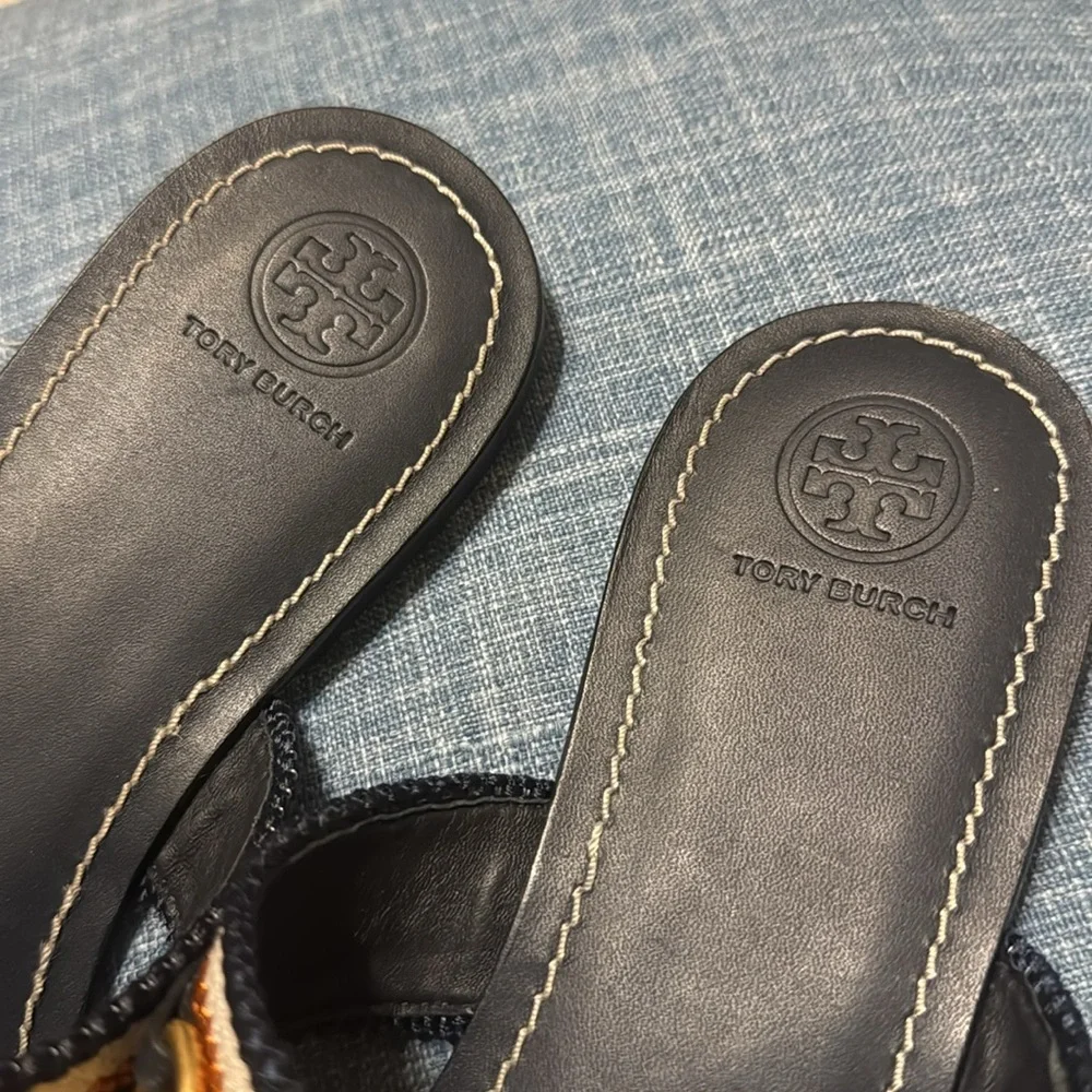 Tory Burch Mini Benton Chain Band Sandal Navy/Tan, US 9.5